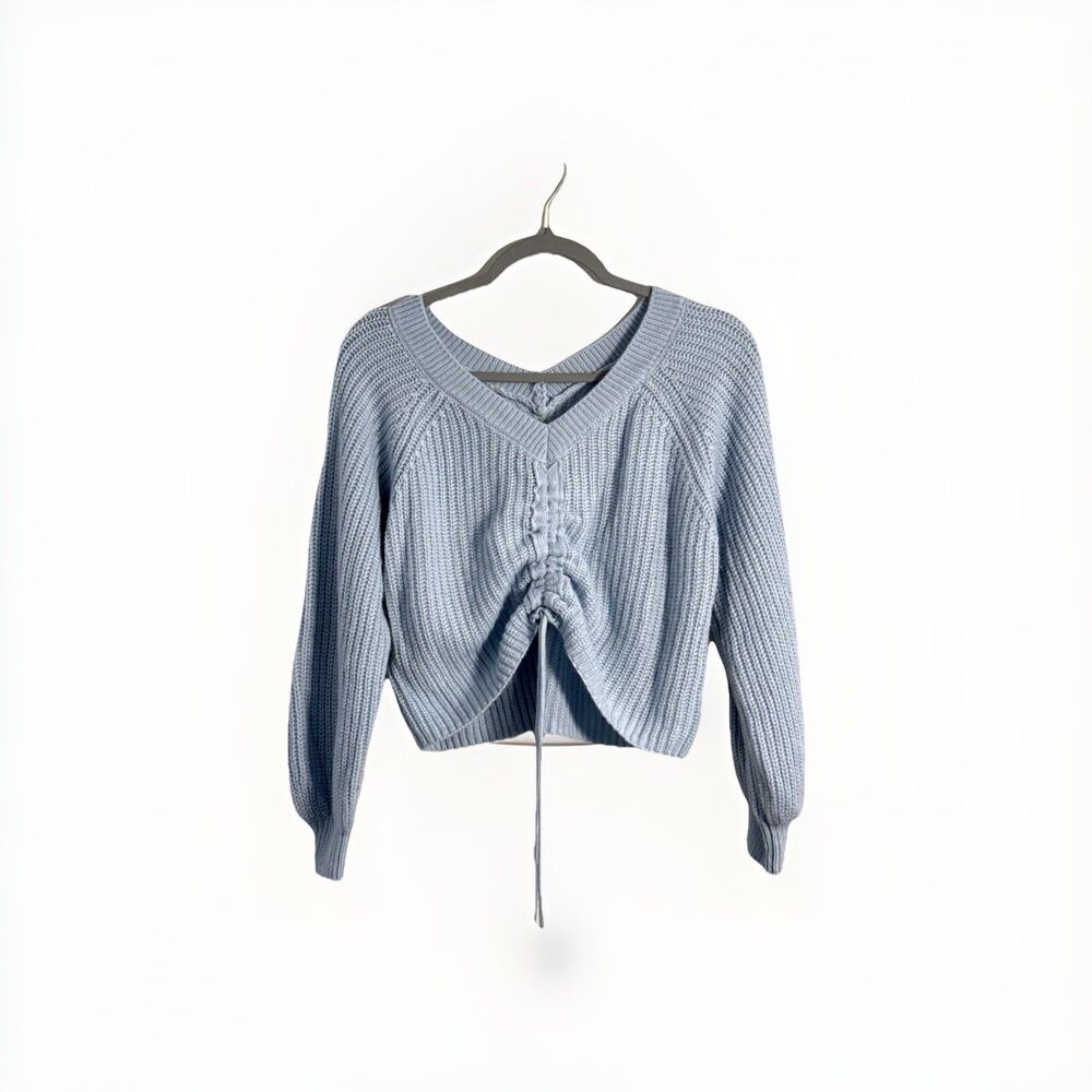 JOLIE & JOY Cropped V Neck Sweater with Drawstring Adjustable Hem Light Blue-S - Picture 2 of 10
